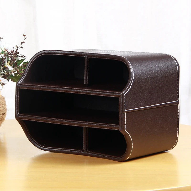 Remote Control Holder, 360 Degrees Rotatable Desktop Supply Organizer PU Leather Desk Storage Box Brown