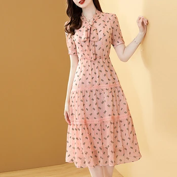 

Gedivoen Fashion Runway Summer Dress Women Bow Collar Print Chiffon High Waist A Line Dress Elegant Knee-Length Dresses Vestidos