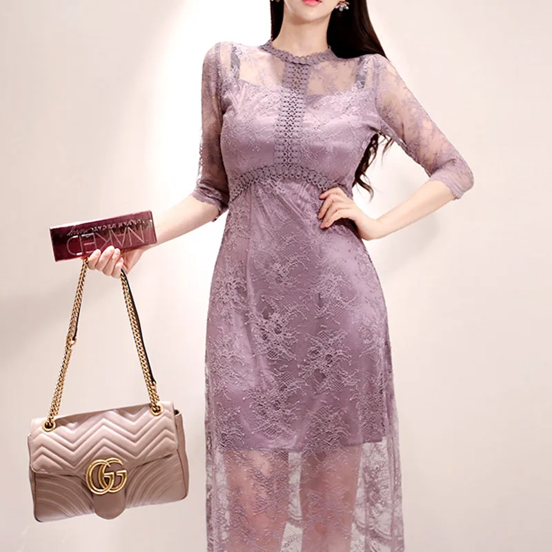 Осень 3/4 рукав полный кружева длиной до колена vestidos Bodycon Сексуальные Высокая Талия Вечерние фиолетовые платья