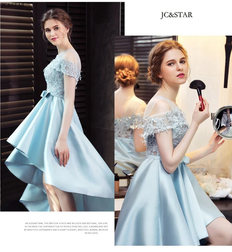 Vestidos de damas de honor Черпак шеи кружева атласа короткий рукав Небесно-Голубой Высокий Низкий платья невесты длинное свадебное платье для гостей