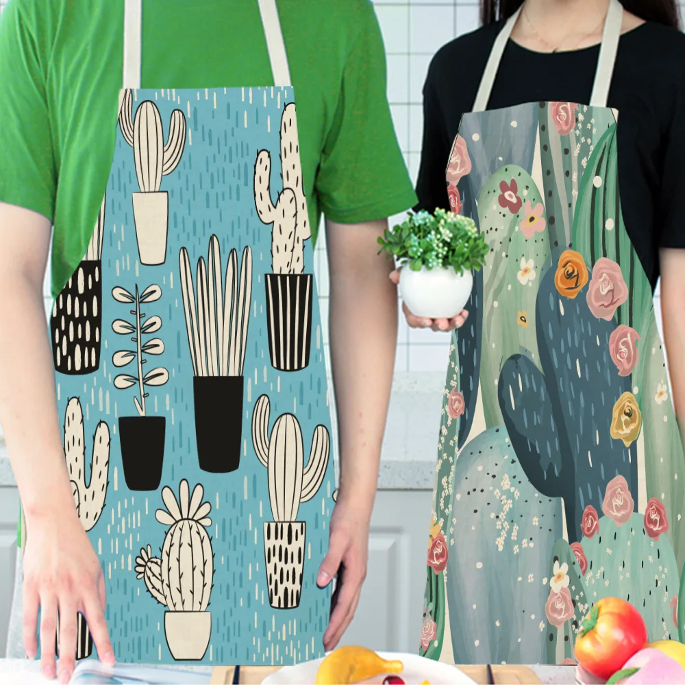 Cactus Aprons Pattern Cotton Linen Aprons Kitchen Apron for Women Sleeveless Home Cooking Baking Bibs Cleaning Tools