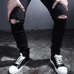 Джинсы с дырками на коленях, мужские черные, большие размеры, тянущиеся, длинные штаны с необработанными краями, узкие брюки в стиле