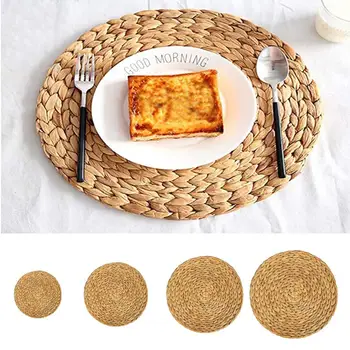 

4 PC Round Natural Rattan Coasters Bowl Pad Handmade Insulation Placemats Table Padding Cup Mats Kitchen Decoration Accessories