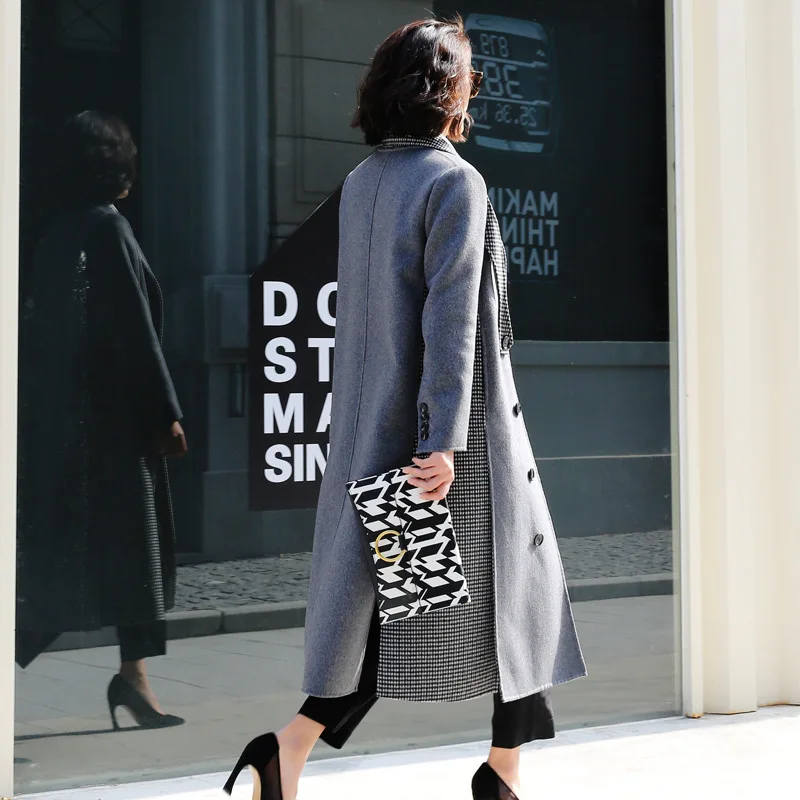 

New Brand 2020 Elegant Plaid Wool Trench Coat Women Long Double Breasted Houndstooth Cashmere Coats casaco feminino