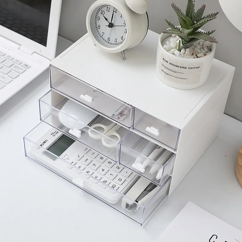 

White Plastic Cosmetic Storage Box Drawer Makeup Organizer Clear Pen Container Desktop Stationery Organizer Drawer Sundry Box