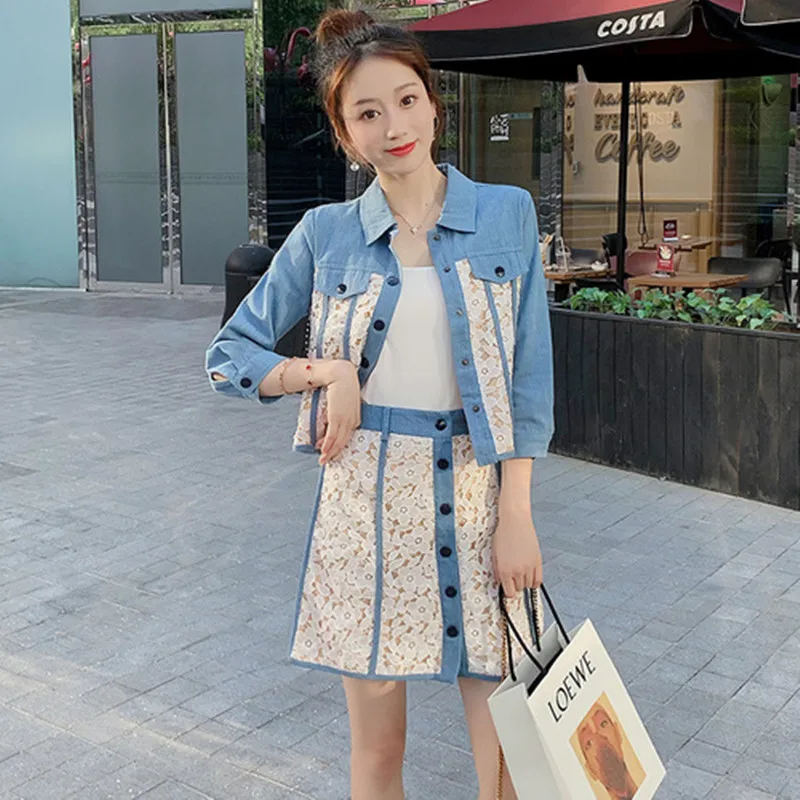 

New 2019 Autumn Women Single Breasted 2 Piece Set Fashion Lace Patchwork Shirt Tops+Mini High Waist Short Skirt Blend Suits