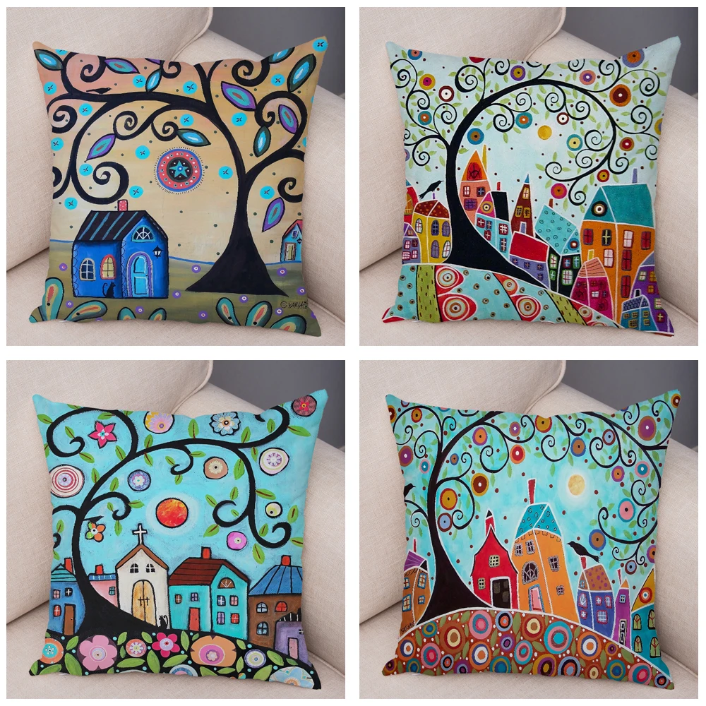 Throw Pillow Cover Cushion Cover Pillow Case Retro Rural Cities Cartoon House Tree Plush For Sofa Home Car Decor