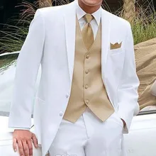 Свадебные смокинги белого и золотого цвета для мужчин, сценическая одежда, новейший Блейзер, 3 предмета, с зубчатым отворотом, на заказ, мужские костюмы, пиджак, брюки, Золотой жилет