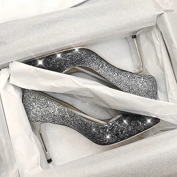 

Sequin color gradient high-heeled shoes female pointed shallow mouth banquet fashion anti-slip bride bridesmaid shoes 2020 new