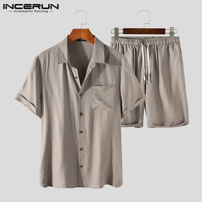 Suits Shirt Shorts Men-Sets Drawstring Breathable Incerun-7 Solid-Color Casual 2pieces