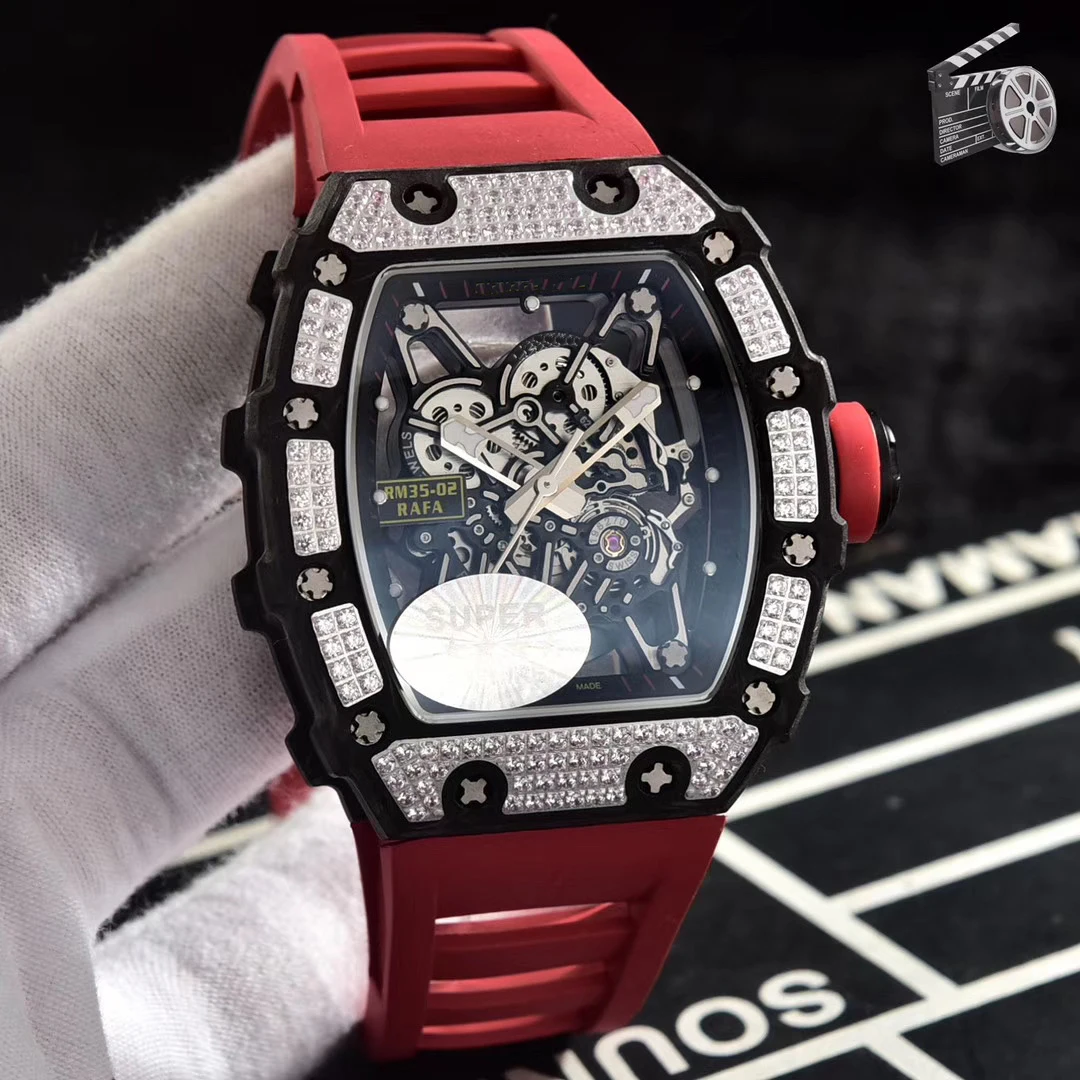 

Luxury Brand New Men Automatic Mechanical Silver Rose Gold Diamonds Bezel Red Black Rubber Skeleton Watch Carbon Fiber Limited