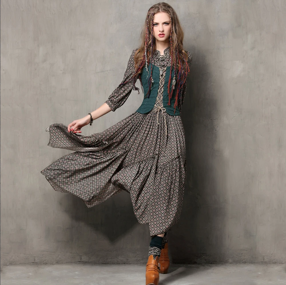 

Women Dress 2020 Spring Vintage Tunic Cotton Combo Dresses Mandarin Collar Three Quarter Sleeve Maxi Vestido Female Clothing