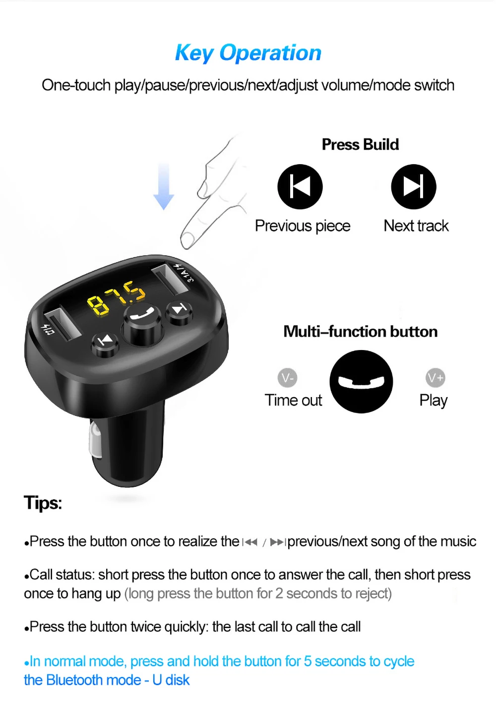 Автомобильное зарядное устройство USB с fm-передатчиком, аудио mp3-плеер, Bluetooth 5,0, приемник, двойное зарядное устройство USB, TF карта, музыкальный автомобильный комплект HandFree