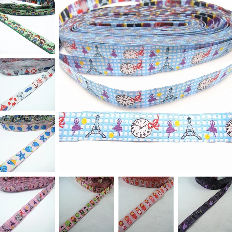 

Clothing Pet decoration 5/8 '' (16 mmx5yards) Starfish fish clock girl russian doll Dog Collar Polyester Woven Jacquard Ribbons
