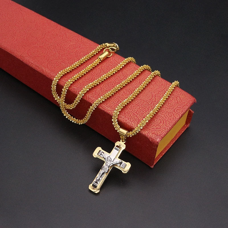 

High Quality Men Cross Necklace Gold/Silver Color Jesus Pendant Stainless Steel 60 CM Chain Necklace For Women Cross Jewelry