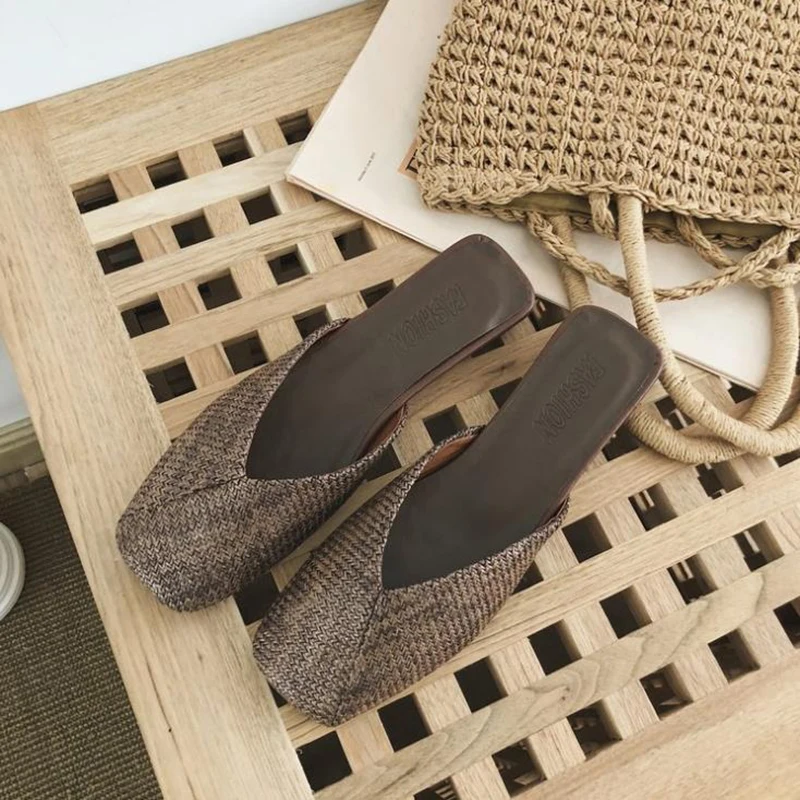

Shoes Women Fashion Cane Weave Mule Sandal Shoes 2020 Brand Square Toe Slippers Summer Outdoor Beach Flip Flops Slides Shoes