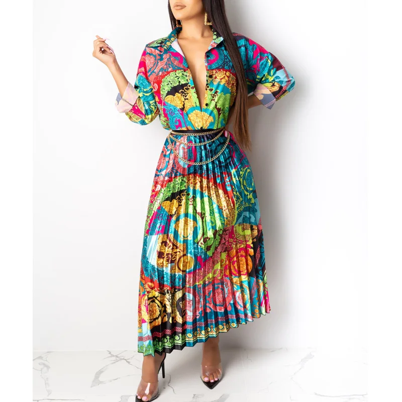 

Women Vintage Colorful Printed big swing Dress Plus Size Elegant Ladies Party Long Shirt Dress
