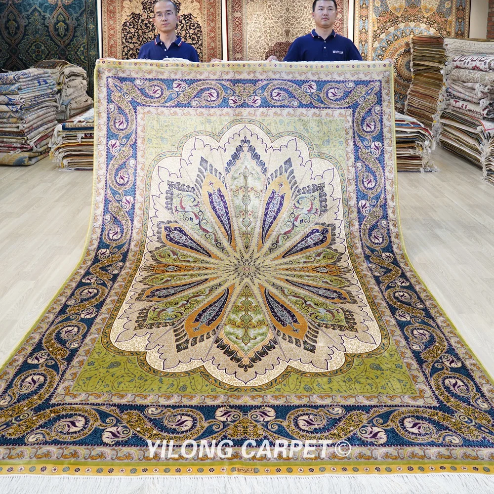 Yilong 6 'x 9' ручной работы персидский фотовосточный зеленый шелковый коврик