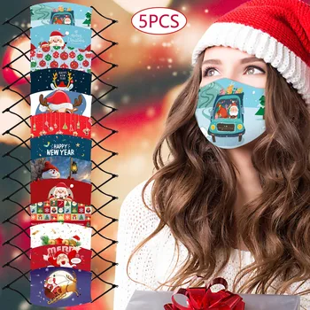 

5pc Face Mask Adult Christmas Print Mondkapjes Mouth Caps Mascarillas Reutilizable Mondmaskers Wasbaar Earloop Windbreak Masque