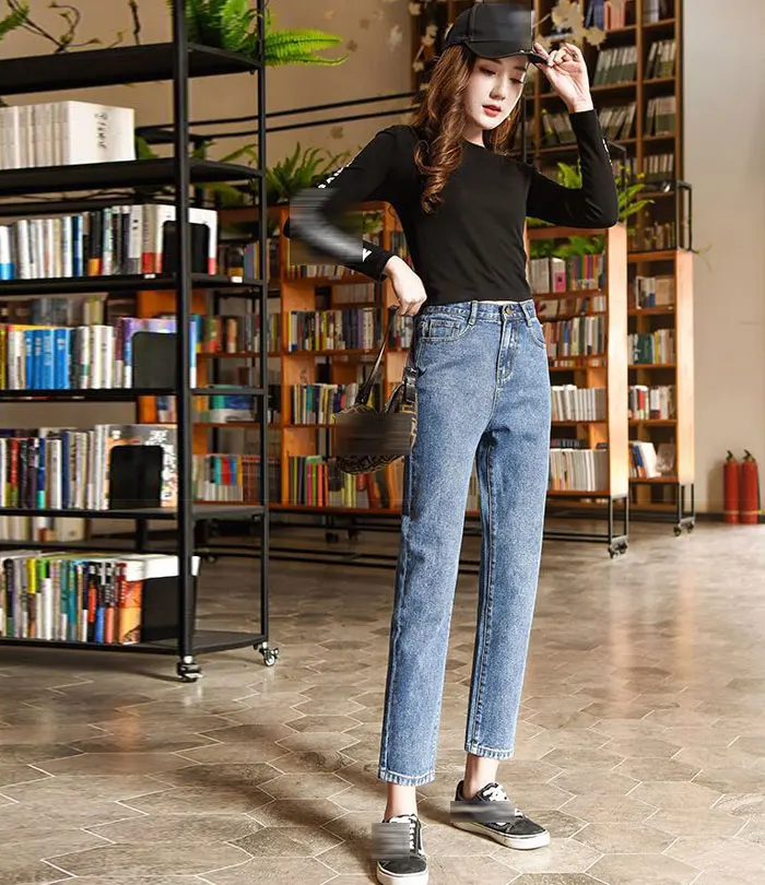 Autumn Elastic Waist Jeans Female High Waist Harem Pant Vintage Loose Straight Carrot Pants Women Denim Pants Ankle Length Jeans