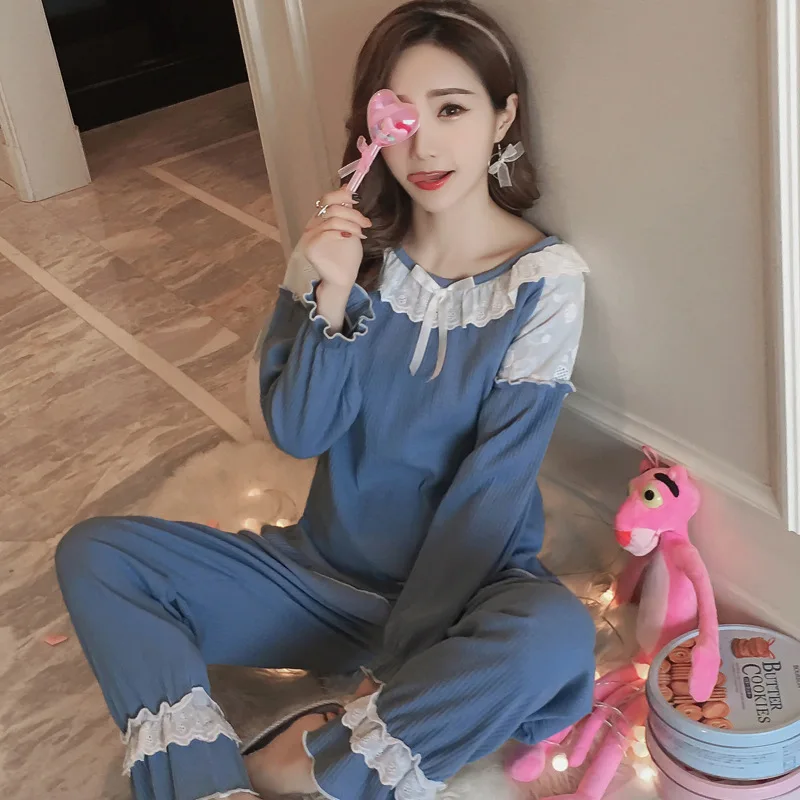 

Spring And Autumn New Style Sweet Cute Pajamas Women's Princess Style Lace Combed Cotton Long Sleeve Trousers Home Wear Two-Piec