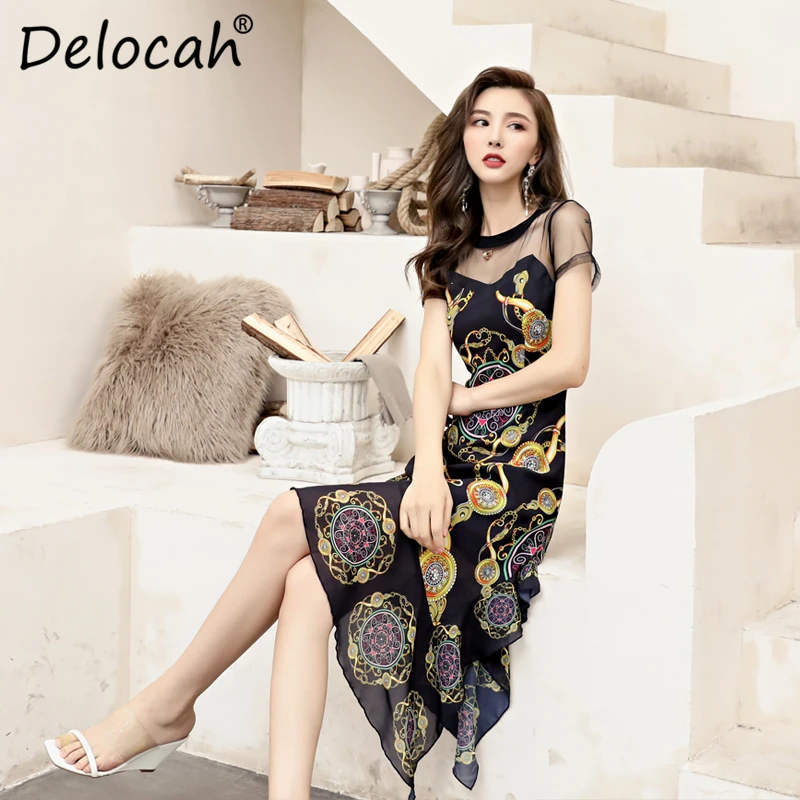 Delocah, модное летнее платье для подиума, женское платье с коротким рукавом, Сетчатое платье с высокой талией, элегантное винтажное ассиметричное миди, платья