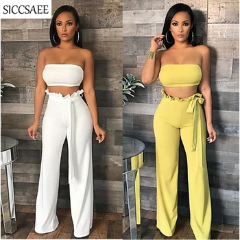 

Strapless Two Piece Set Women Crop Top Wide Leg Palazzo Pants Sweat Suit Clothing Solid Color Sexy Casual Outfits With Sashes