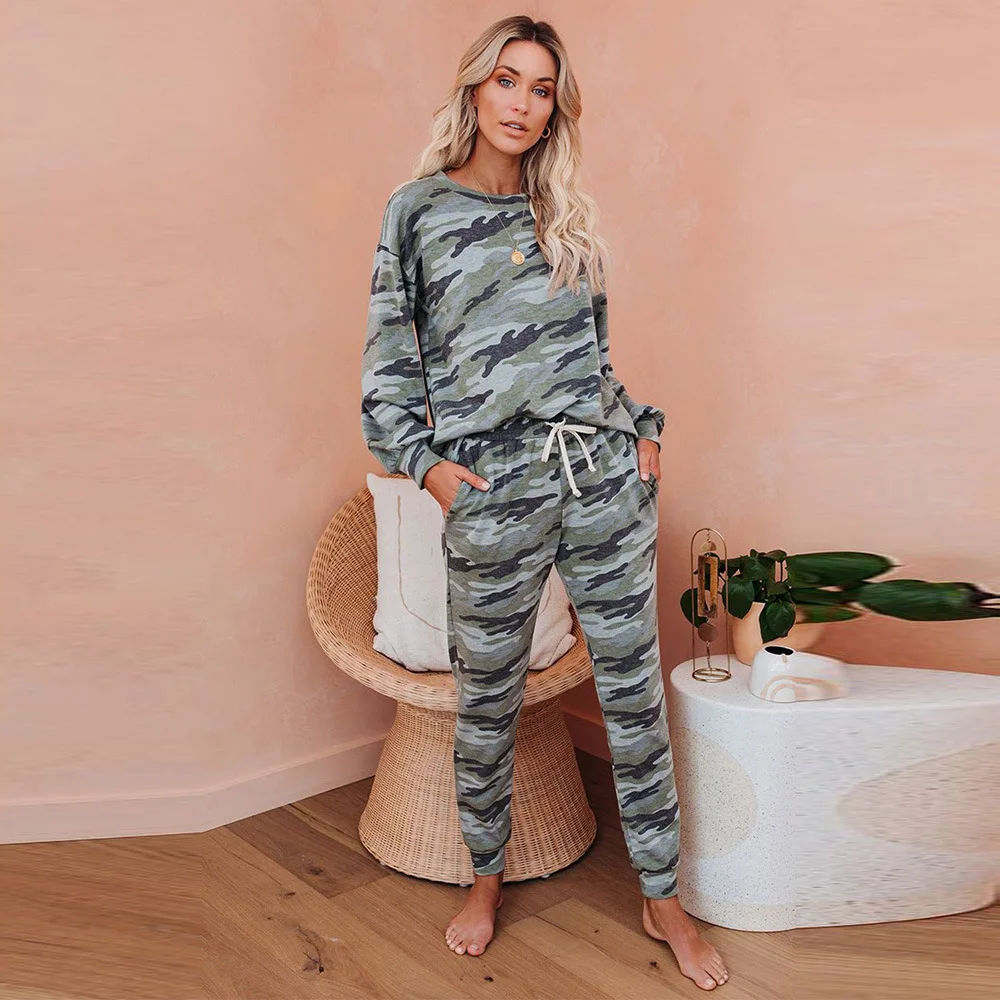 

2020 Autumn and Winter New Style Camouflage Green Homewear Set Female Europe and America Relaxed Casual Long Sleeve Trousers Paj