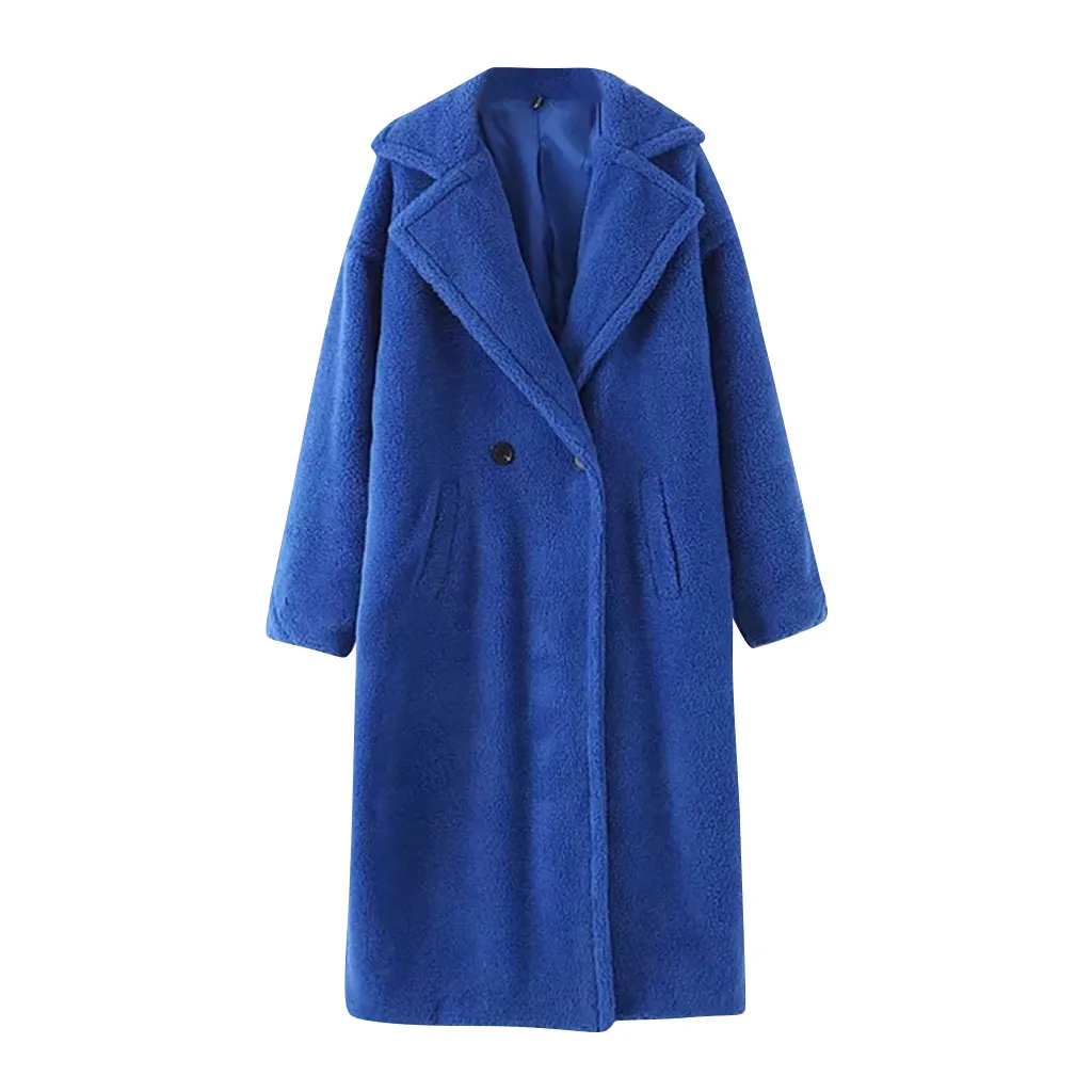 Зимнее женское длинное пальто, верхняя одежда, однотонный длинный рукав, мех ягненка, лацкан, теплое плюшевое пальто, куртка с отложным воротником, женское длинное пальто