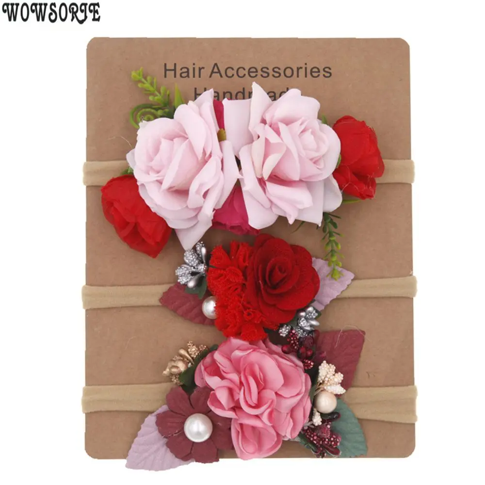 Baby Headband Florals Nylon headbands Newborn baby Elastic princess Hairbands kids child girls pearl hair band headwear 3pcs/lot