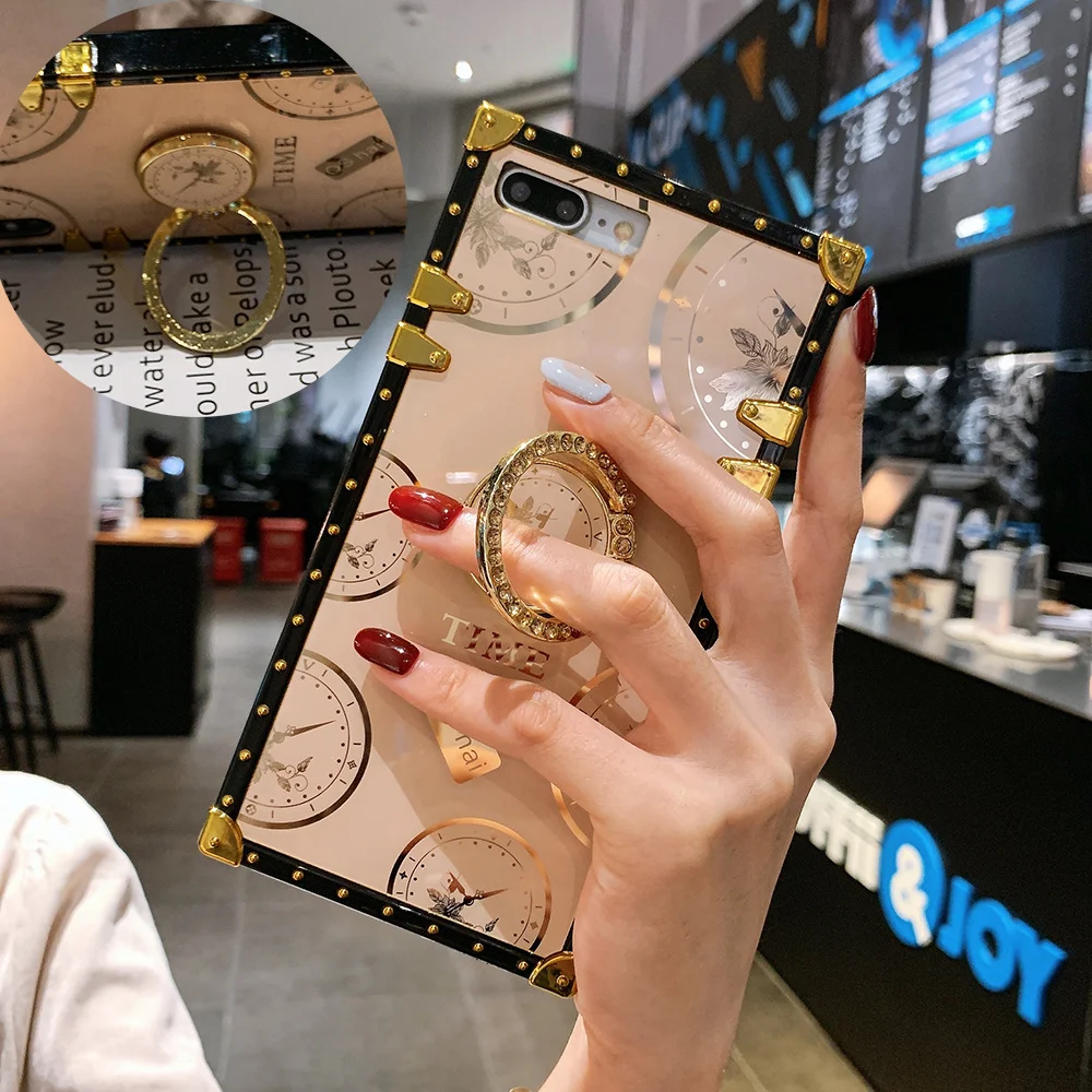

Luxury Time Pattern Square Phone Case for IPhone SE 2020 Fundas 6 6s 7 8 Plus XR XS MAX 11 Pro Max Coque Bling Ring Holder Cover