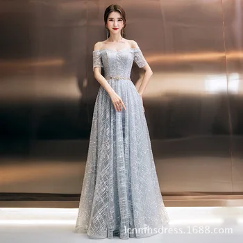 

Fashion Gray Plaid Evening Dress Boat Neck Short Sleeve Sequin Long Party Prom Gown Women Host Dress Robe De Soiree