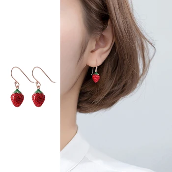 

Mocanie Romantic Red Crystal Stone Sweet Lovely Strawberry 925 Sterling Silver Drop Earring for Women Hook Earring Fine Jewelry