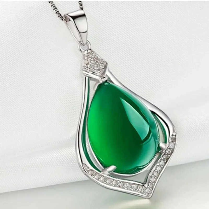 

Popular 925 Silver Water Drop Green Jade Pendant Necklace Chalcedony Charm Jewelry Accessories Fashion Amulet for Women Gifts