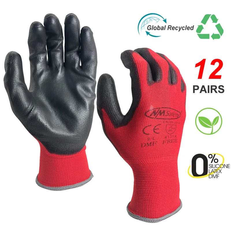 Red Black PU Coated Nylon CUT Safety Work Garden Gloves Builders Mens Gardening 