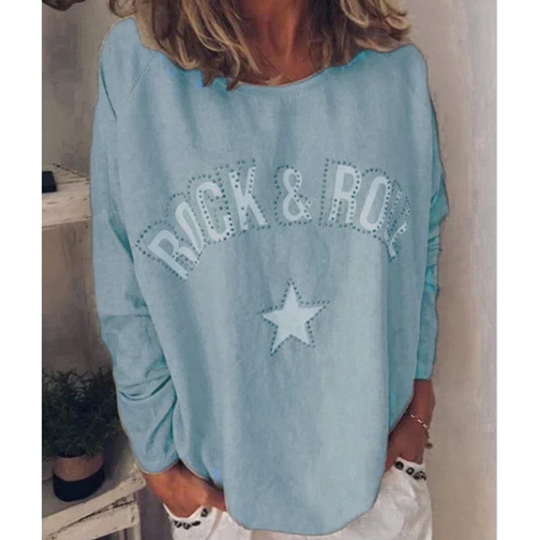Vintage Harajuku Outwear T-Shirts For Women 2019 Autumn Winter Rhinestone Letter Printed Solid T-Shirt Casual Tees Top Femme | Женская