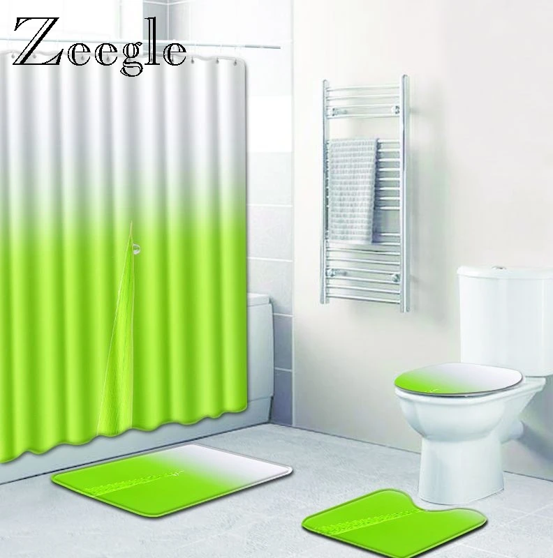 Zeegle 4pcs Bathroom Shower Curtain Flower Print Waterproof Bath Curtain Set Toilet Cover Mat Non-Slip Bathroom Soft Foot Rug