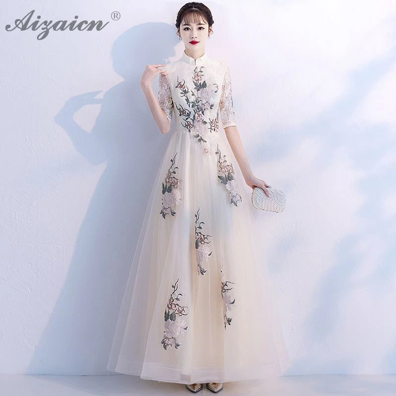 Белое кружевное вечернее платье Qi Pao женское традиционное китайское Qipao