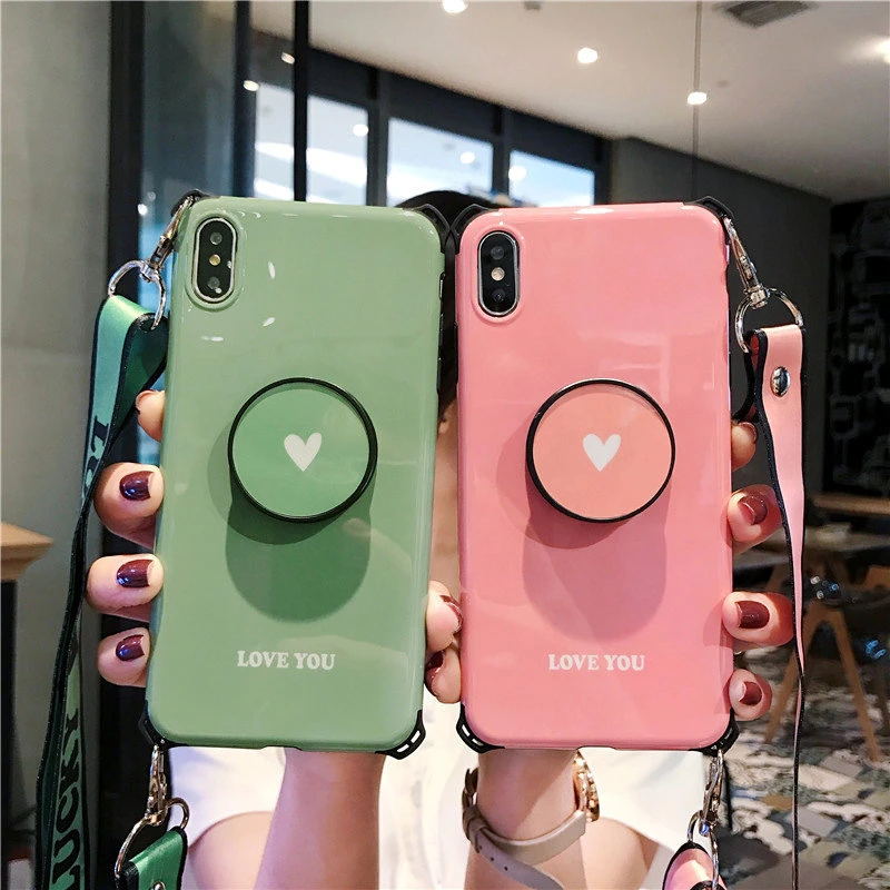 cute wallet card holder Heart-shaped bracket lanyard silicone phone case for iphone X XR XS MAX 6S 7 8 plus