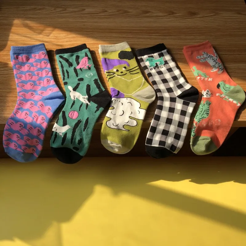 5 Pairs A Lot Harajuku Socks For Men And Women Designer Pattern Illustration Jacquard High-quality Sock