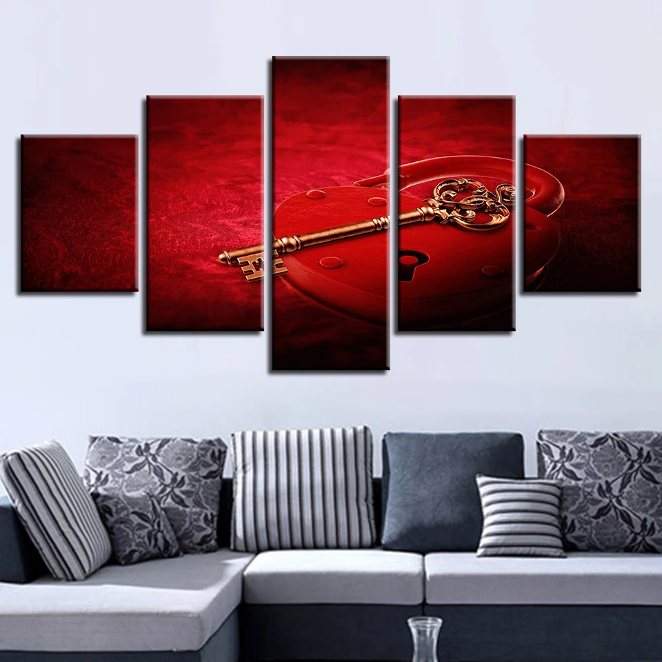 

Home Decoration Canvas Living Room HD Modern 5 Panel Red Lock Golden Key Printed Pictures Painting Wall Art Modular Poster Frame