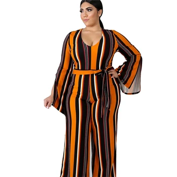 

Rompers Womens Jumpsuit Bat Long Sleeve Streetwear Casual Loose Striped Plus Size Jumpsuits with Lace Up Wholesale Drop Shipping