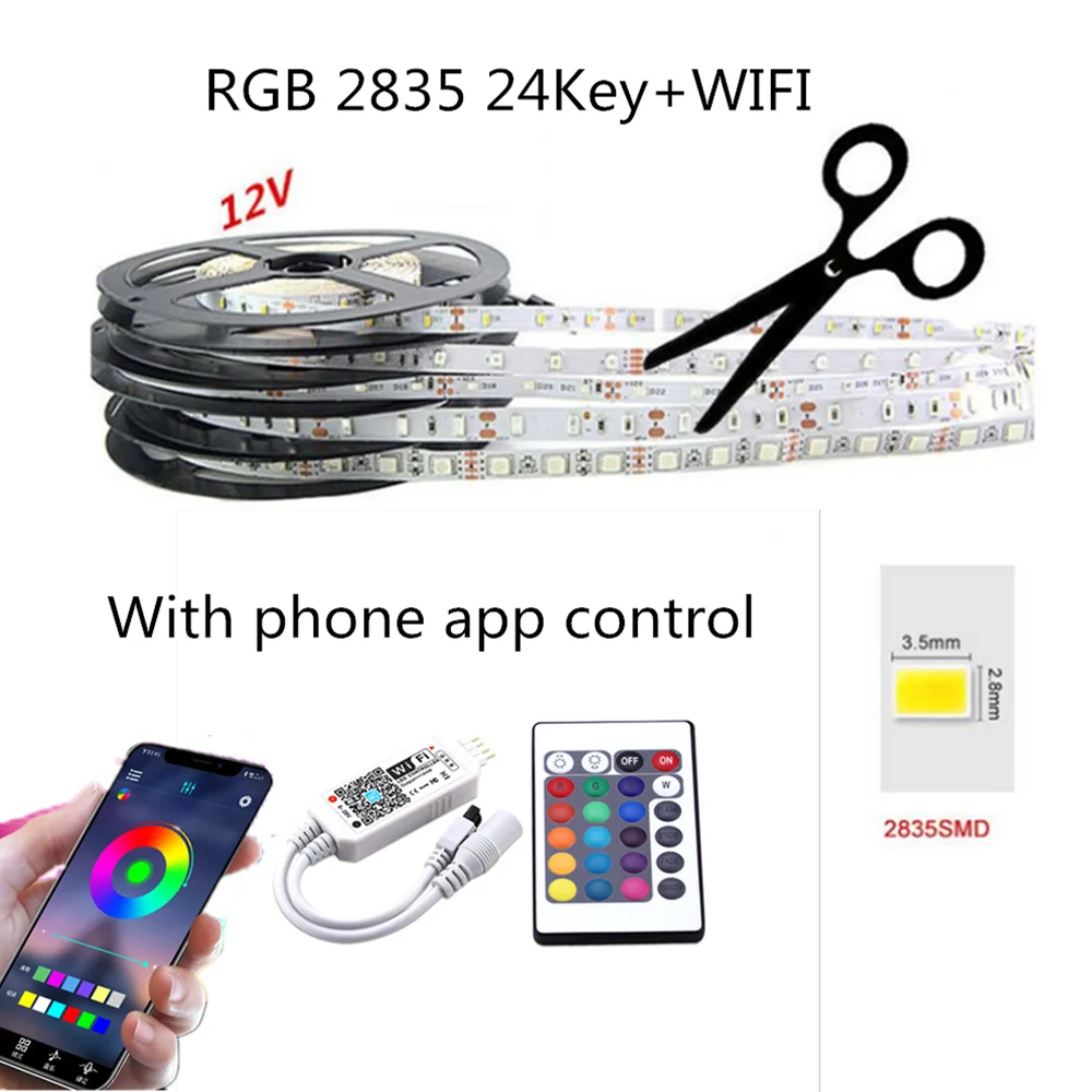 RGB-2835-24Key-WIFI Светодиодная лента светильник SMD 5050 RGB 2835 гибкая лента Fita wifi приложение дистанционное управление DC 12 В 5 м 10 м 15 м светодиодная неоновая водонепроницаемая лента - Испускаемый цвет: RGB-2835-24Key-WIFI