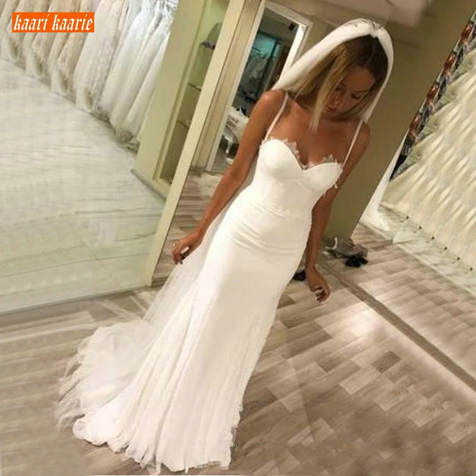 

Elegant Boho Chiffon Wedding Gowns Long 2020 Tulle Spaghetti Straps Mermaid Wedding Dresses Custom Made Floor Length Bride Dress