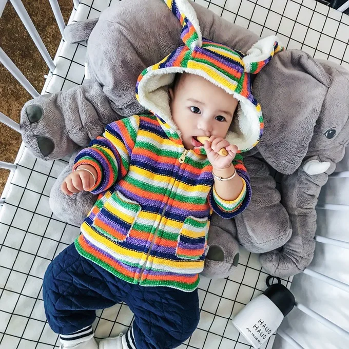 Mini Babe City Clothes for Babies Color Stripes Hooded Kids' Overcoat Long Sleeve plus Velvet Cardigan Winter Baby out Clothes