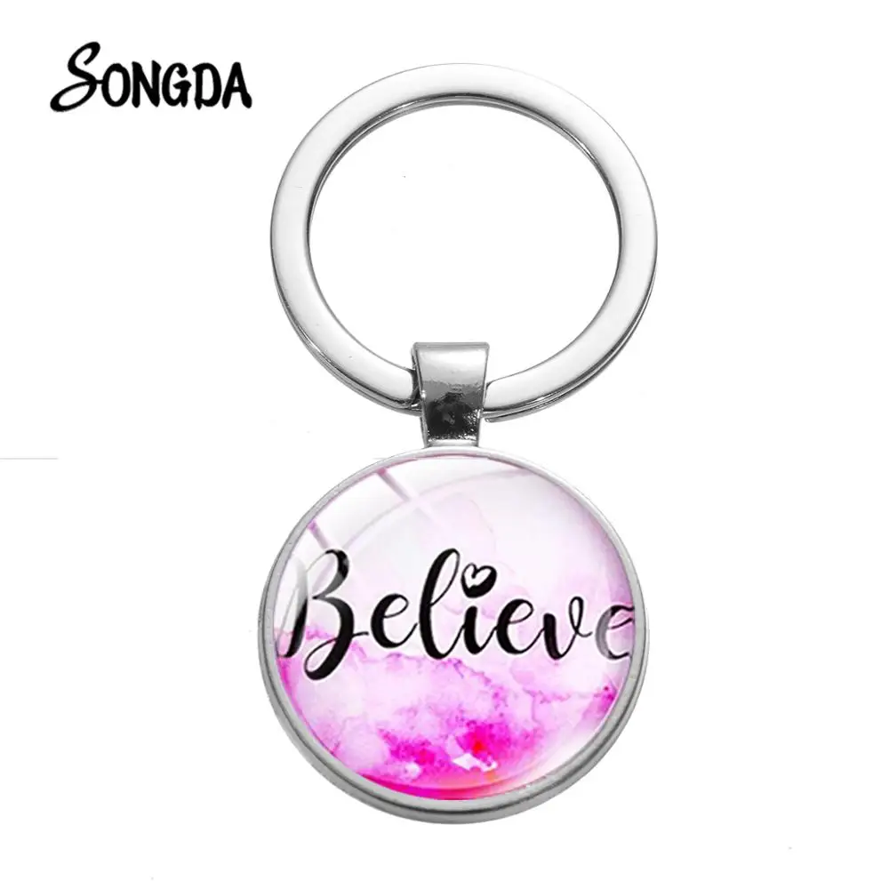 

SONGDA “Believe” Faith Glass Round Keychain Be Happy Live In The Moment Inspirational Word Novelty Gradient Color Key Chain Gift