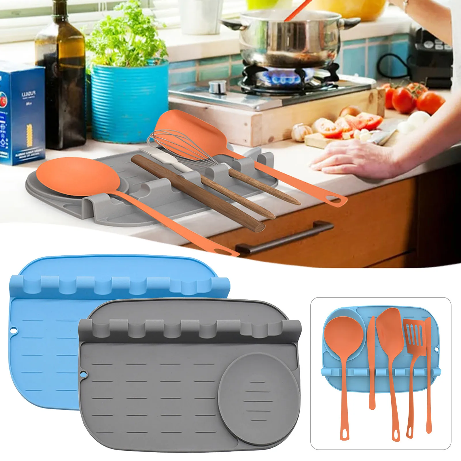 2 In 1 Kitchen Silicone Spoon Rest Upgraded Utensil Hang Hole Design | Дом и сад