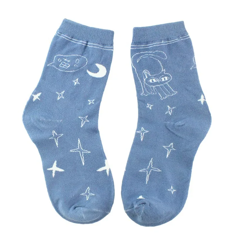 Star Moon Cat Носки для взрослых с рисунками из мультфильмов, звезда, луна, кот, котенок, простой чертеж линии, хорошее утро, быть обнаженным, любовь, рука, грусть, человек, ноги, искусство, женские носки - Цвет: Star Moon Cat