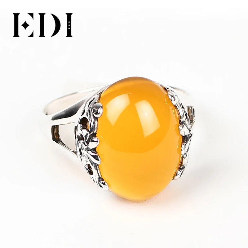 EDI Retro Yellow Chalcedony 925 Sterling Silver Ring Vintage Palace Natural Crystal For Women Indian Style Jewelry | Украшения и