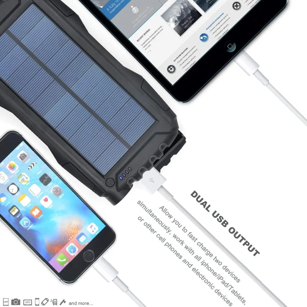 Открытый водонепроницаемый Солнечный внешний аккумулятор для iphone11 pro xiaomi 25000mAh зарядное устройство 2 USB внешний аккумулятор с светодиодный